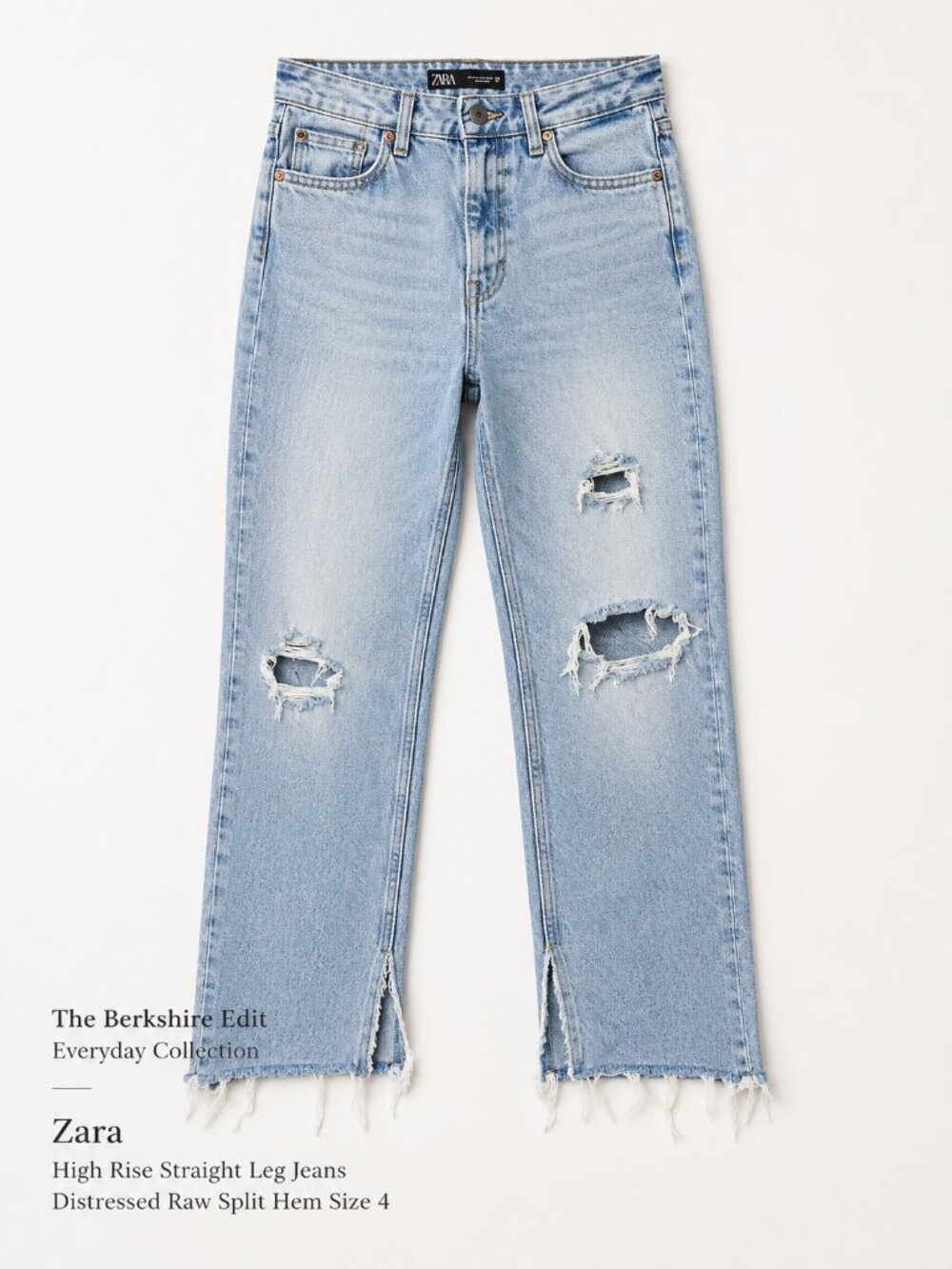 Zara High Rise Straight Leg Jeans Distressed Raw Split Hem Women's 4
